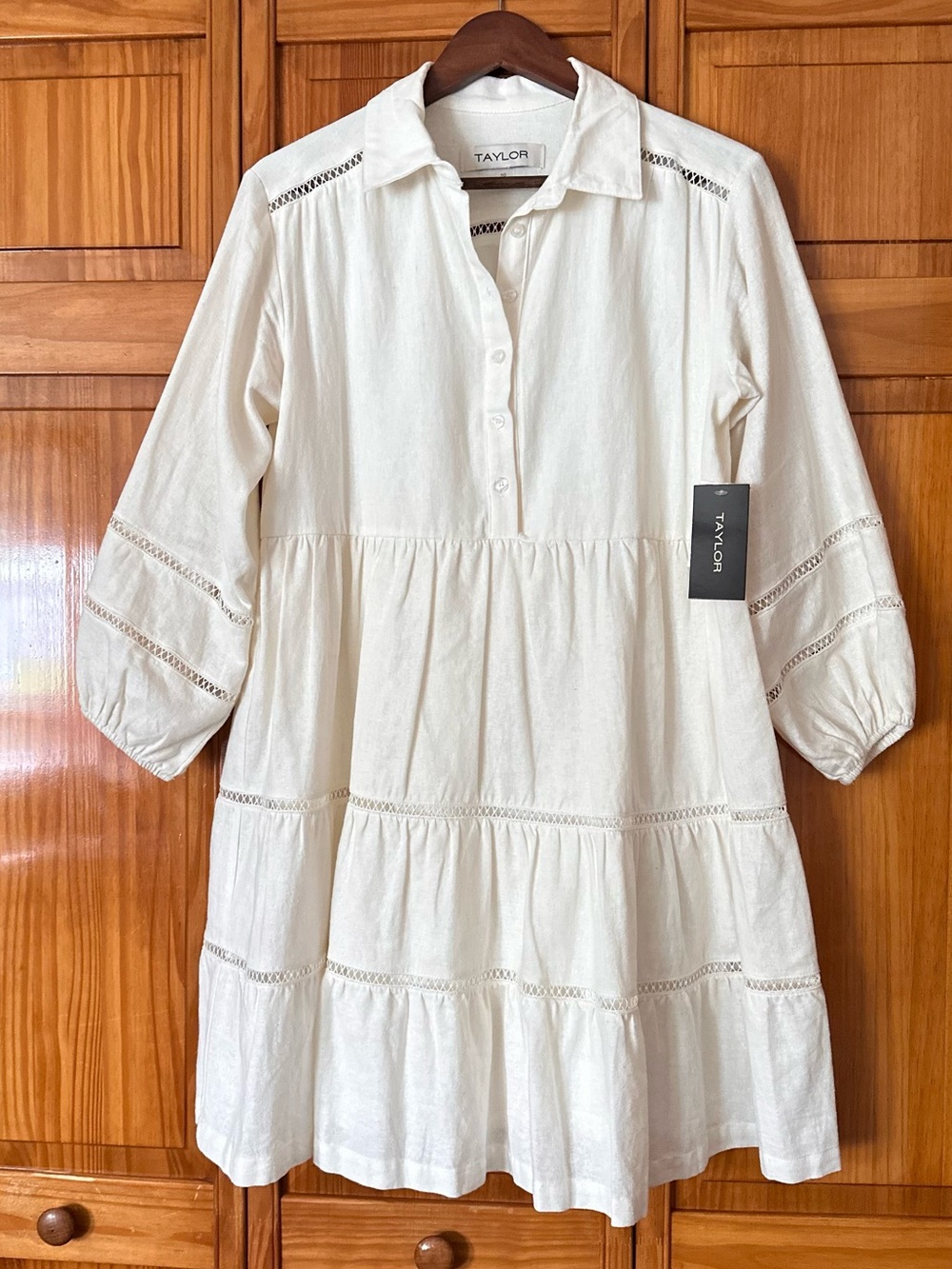 TAYLOR Ivory Tiered Linen Blend Midi Dress – Size 10 – NWT